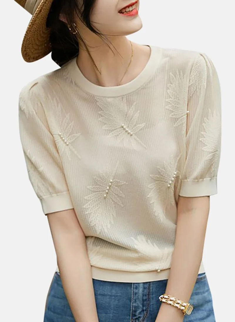 يونيكي Beige Solid Short Sleeve Round Neck T-Shirt