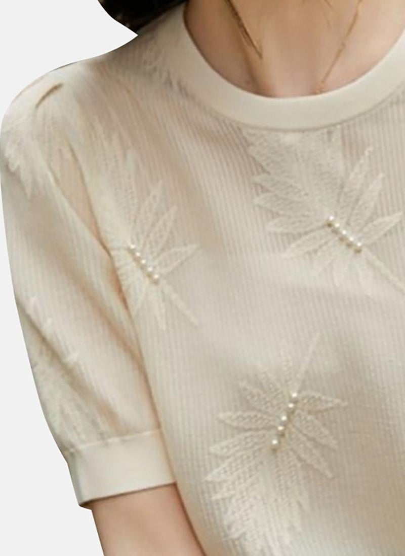 يونيكي Beige Solid Short Sleeve Round Neck T-Shirt - Image 2