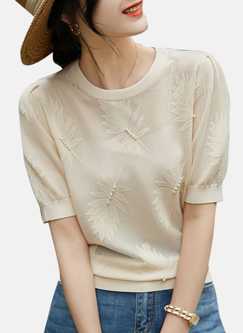 يونيكي Beige Solid Short Sleeve Round Neck T-Shirt - Image 4