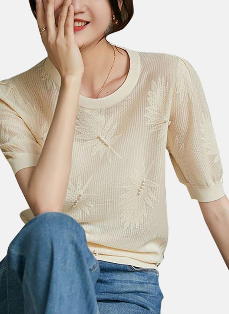 يونيكي Beige Solid Short Sleeve Round Neck T-Shirt - Image 5