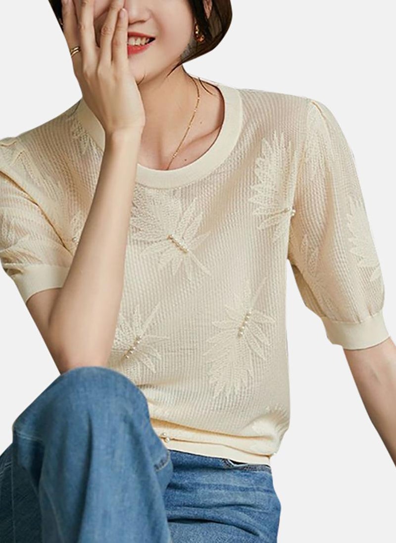 يونيكي Beige Solid Short Sleeve Round Neck T-Shirt - Image 3