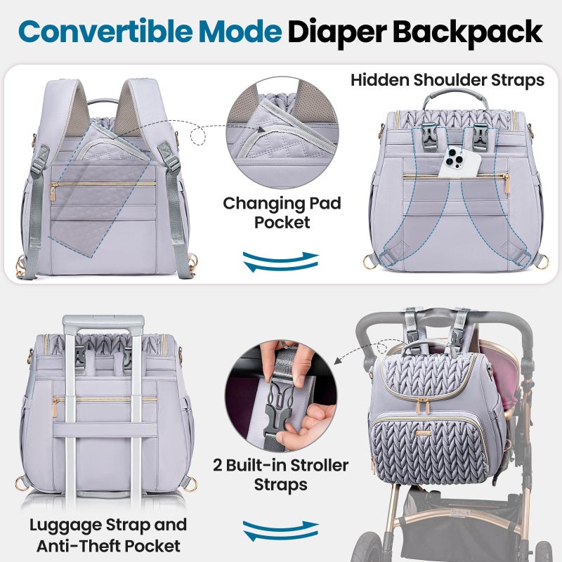 Tealari 4 in 1 Convertible Diaper Bag Backpack,Waterproof Baby Diaper Bag with Changing Pad,Converts into Baby Tote Bag,Diaper Backpack,Stroller Bag and Crossbody Diaper Bag - Image 4