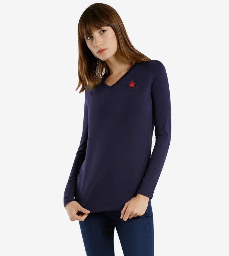 BEVERLY HILLS POLO CLUB Women's Logo V-Neck Long Sleeve T-Shirt