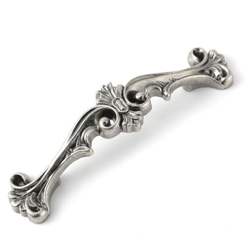 JETLAND Traditional Antique Cabinet Hardware 6 Pack Aged Silver 3 Hole Centers Vintage Pulls for Drawer Dresser Nightstand AC0726OS076 - Image 1