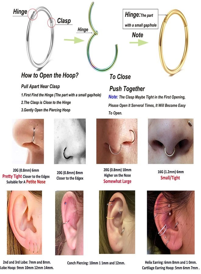Lantine 6Pcs 20g Nose Rings for Women Men 316L Surgical Steel Hinged Earring Hoops Rook Helix Cartilage Daith Tragus Earrings 6 mm 8mm 10mm Set - Image 5