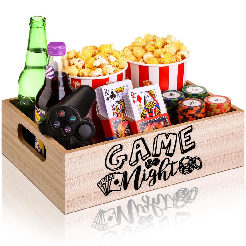 GlikCeil Movie Night Supplies Snack Trays with Handles Reusable Wooden Movie Gift Basket for Theater Popcorn Bucket Bowl Box Container Family Room Decor(Game Night) - Image 1