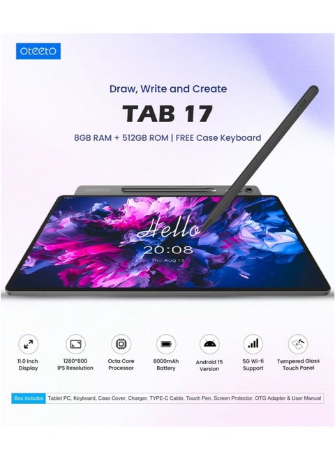TAB 17 Android Tablet with 11.0 Inch Display – 8GB RAM, 512GB ROM, Touch Stylus Pen, Free Keyboard & Protective Case Included – Slim and Powerful Tablet PC for Work, Study, Gaming & Entertainment – Dual Camera, Long Battery Life, WiFi – Black