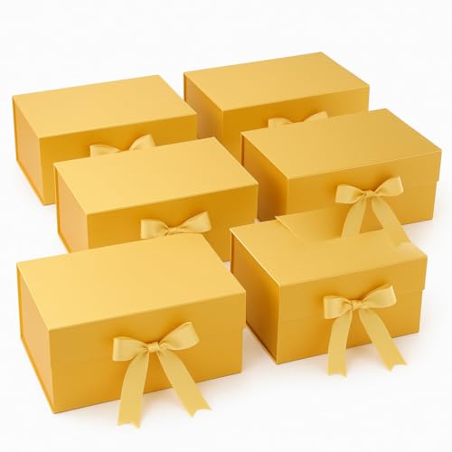 Awestuffs Gift Box Modern Folding Boxes with Ribbon Readymade Boxes for Gifting, Birthday, Parties, Festivals and Return Gifts (Size: Large) (Colour: Elegant Gold) (23 x 16 x 10 cm) (Set of 6) - Image 1