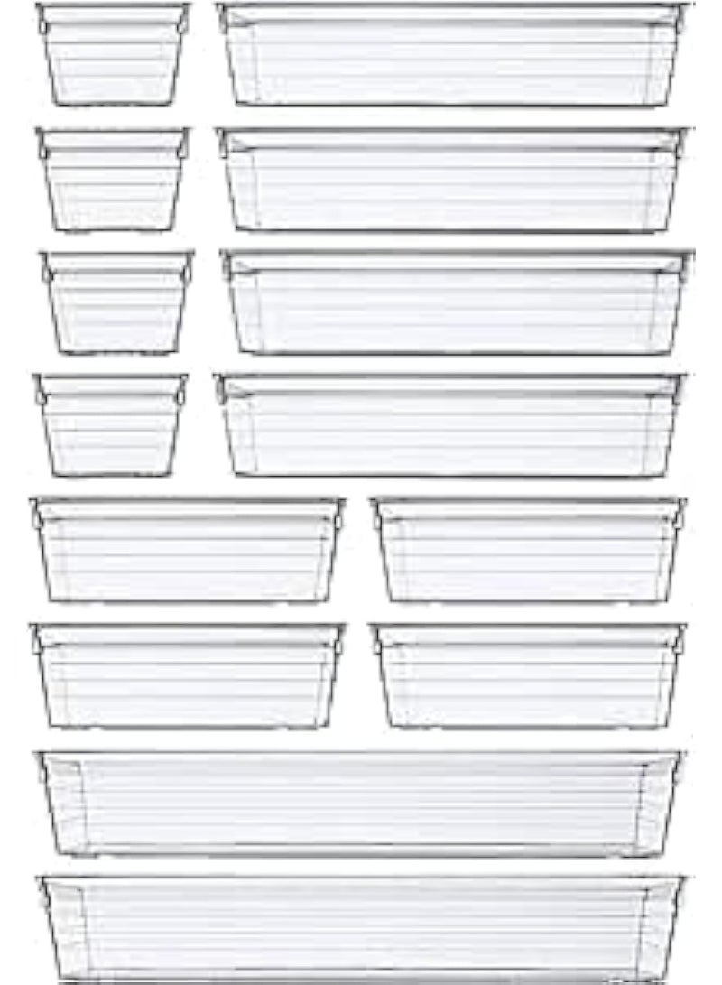 Cazadora Clear Acrylic Drawer Organizer Tray Set - 14-Piece Premium Clear Plastic Organizer Kit for Makeup, Cosmetics, Vanity, Bathroom, Kitchen Utensils, Cutlery, Jewelry, Accessories and Gadgets - Durable high-quality acrylic construction, crystal-clear transparency for quick visibility - Stackable, lightweight and space-saving drawer inserts that keep items neatly separated and prevent sliding - Versatile modular sizes to fit standard drawers, dressers, vanity tables and bathroom cabinets - Scratch-resistant finish, easy to wipe clean with a damp cloth, long-lasting home organization solution - Contemporary minimalist design suitable for modern KSA homes and gifting - Image 1