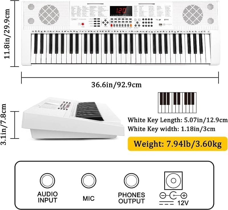 Vangoa Keyboard Piano 61 Key, Full Size Electric Piano Keyboard Light UP Keys with 3 Teaching Modes, Learning Music Keyboard Piano with Stand Headphones for Beginners, VGK6101 White - Image 4