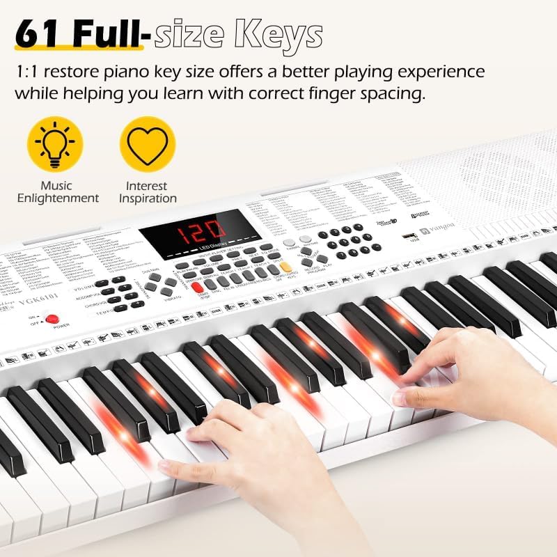 Vangoa Keyboard Piano 61 Key, Full Size Electric Piano Keyboard Light UP Keys with 3 Teaching Modes, Learning Music Keyboard Piano with Stand Headphones for Beginners, VGK6101 White - Image 2