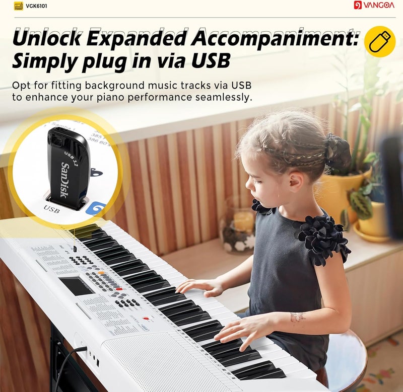 Vangoa Keyboard Piano 61 Key, Full Size Electric Piano Keyboard Light UP Keys with 3 Teaching Modes, Learning Music Keyboard Piano with Stand Headphones for Beginners, VGK6101 White - Image 3