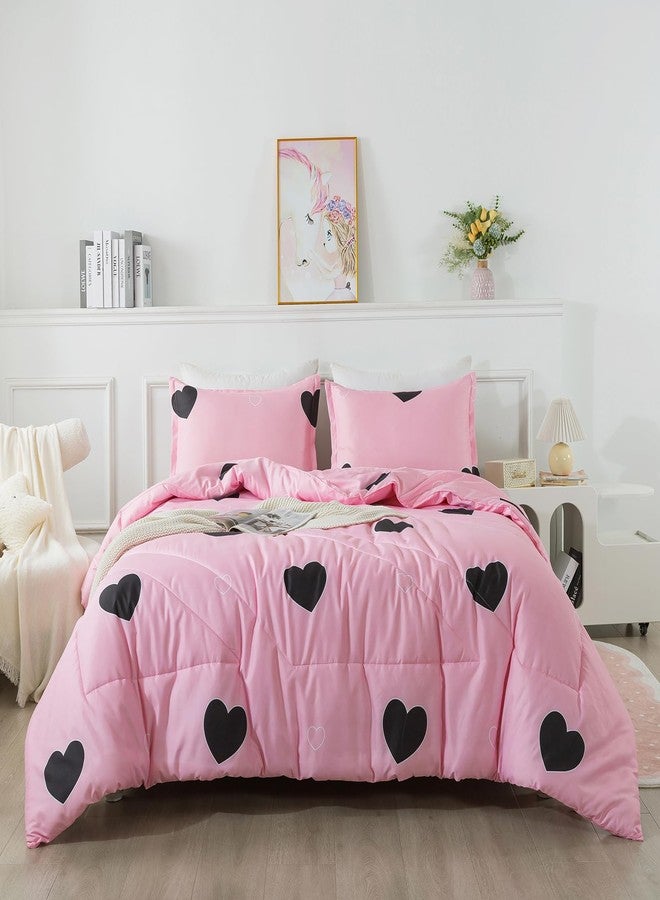 Caressma Girls Pink Comforter Set Twin Size - Blush Pink Cute Love Heart Print Comforter Bedding Set for All Seasons, Geometric Soft Microfiber Comforter Set with Pillowsham - Image 1