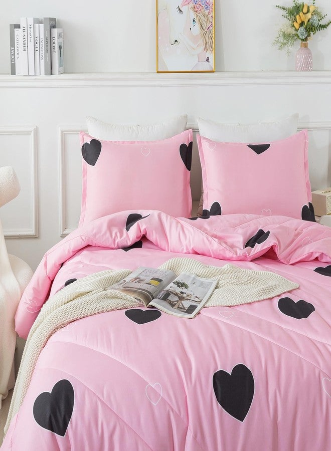 Caressma Girls Pink Comforter Set Twin Size - Blush Pink Cute Love Heart Print Comforter Bedding Set for All Seasons, Geometric Soft Microfiber Comforter Set with Pillowsham - Image 5