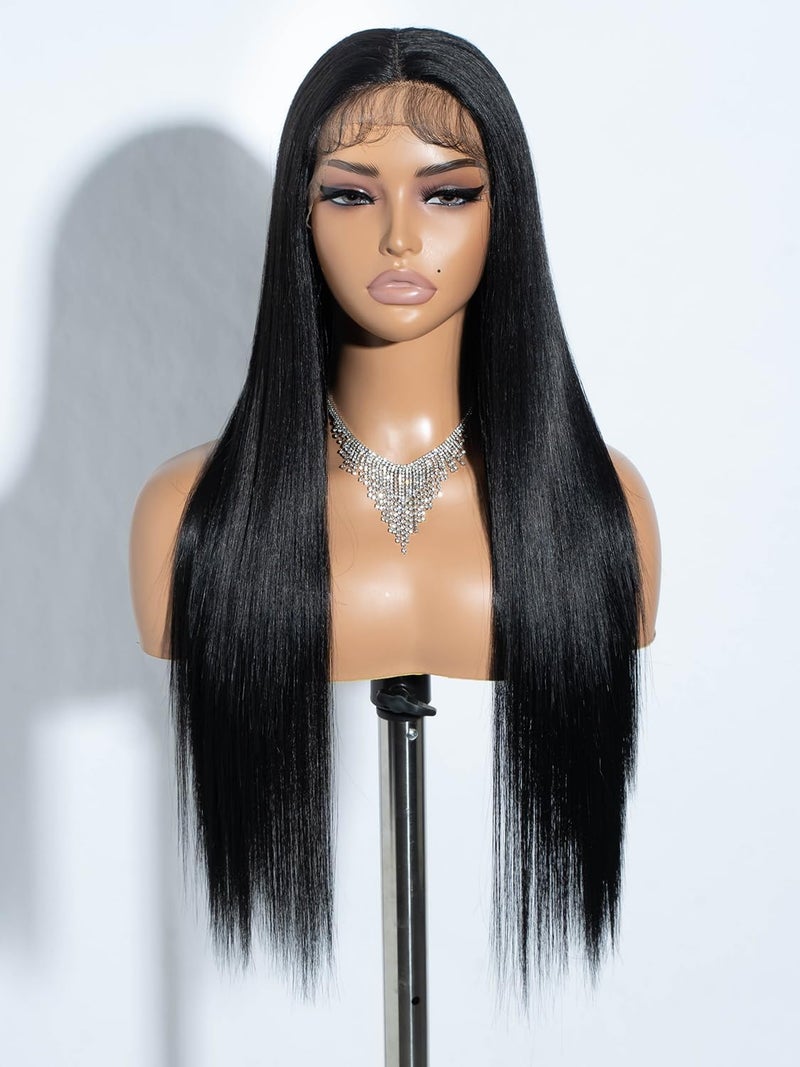 Joedir Straight Wigs for Black Women TPart Lace Front Wig Preplucked Long Middle Part Wig with Baby Hair Heat Resistant Synthetic Fiber Black Silk Straight Wigs 28 inch