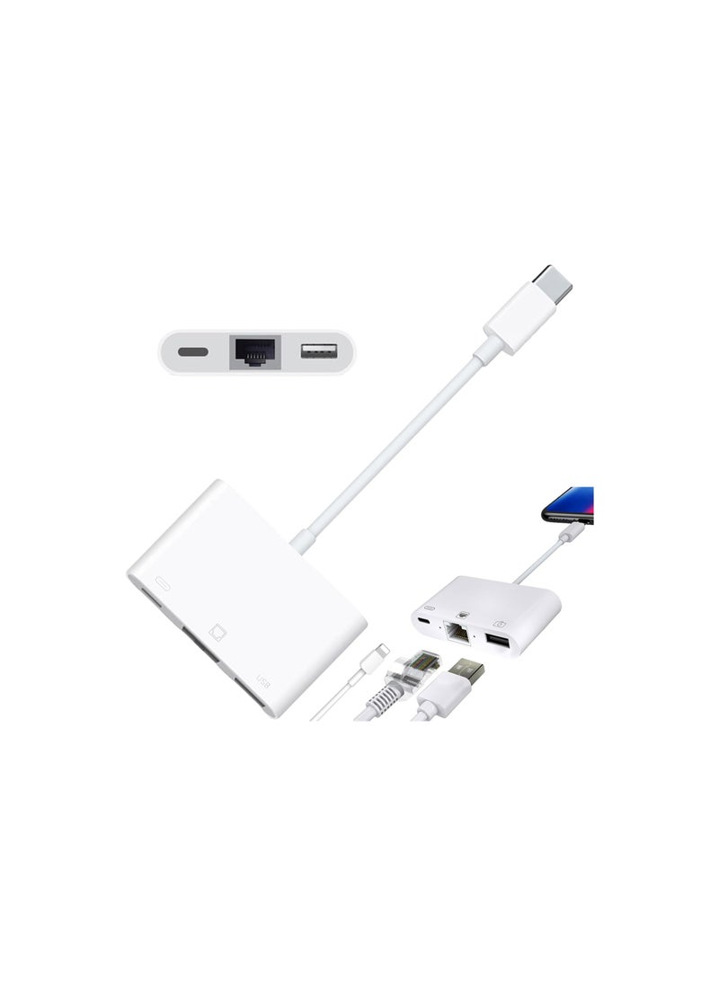 3 in 1 Lightning to Ethernet Adapter – RJ45 LAN + Charging Port + USB 3.0 – High-Speed 10/100 Mbps Network Adapter for Phone/Tablet