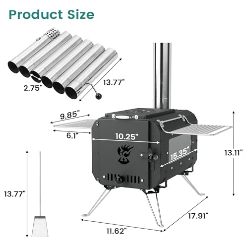 Gaomon Outdoor Portable Wood Stove, Tent Stove,Wood Burning Stove for Camping,Cast Iron Wood Stove,Tent Heaters for Camping, Includes Chimney Pipes ans View Glass,Ice-fishing, Cookout, Hiking, Travel - Image 4