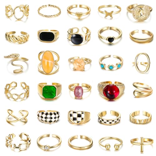 Florideco 30Pcs 18K Gold Plated Chunky Rings for Women Chunky Twisted Signet Rings Stackable Knuckle Midi Ring Adjustable Open Ring Sets - Image 1