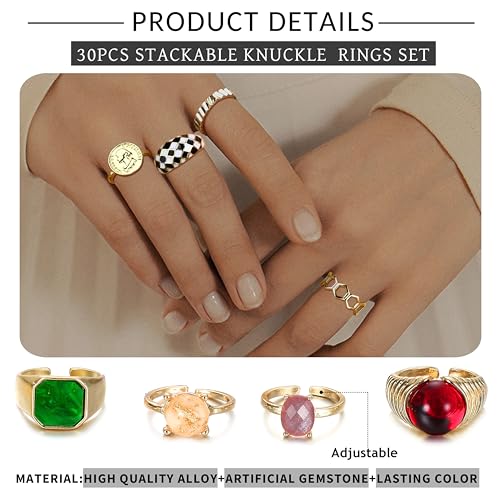 Florideco 30Pcs 18K Gold Plated Chunky Rings for Women Chunky Twisted Signet Rings Stackable Knuckle Midi Ring Adjustable Open Ring Sets - Image 2