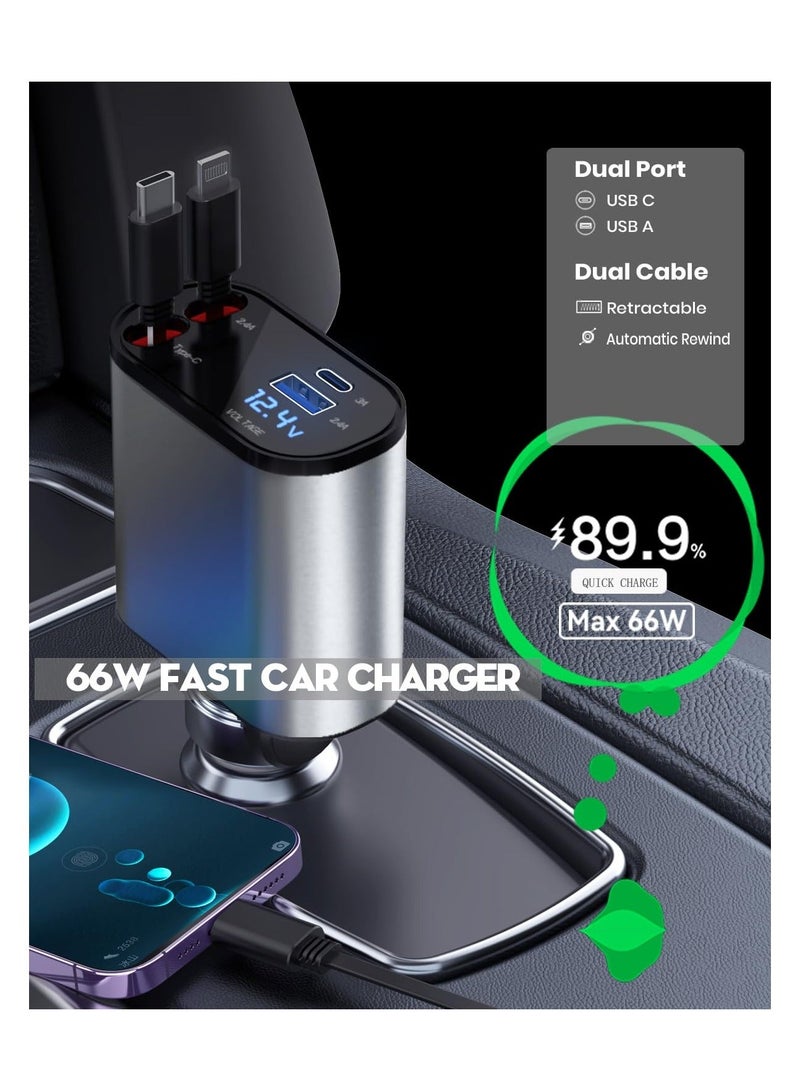 Generic 4-in-1 Car Charger with Dual Retractable Cable, Dual Port USB C PD Fast Charging Car Adapter Car Cigarette Lighter Adapter with Voltage Display Compatible with iPhone 14 13 Pro Max, iPad, Samsung  - Image 3