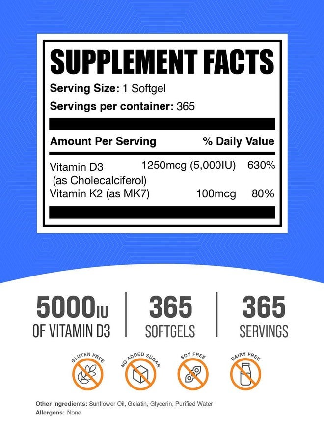 BulkSupplements.com Vitamin D3 + K2 5000 IU Softgels - D3 K2 Supplement, for Immune Health - Gluten Free, 1 Softgel per Serving, 365 Count (Pack of 1) - Image 2
