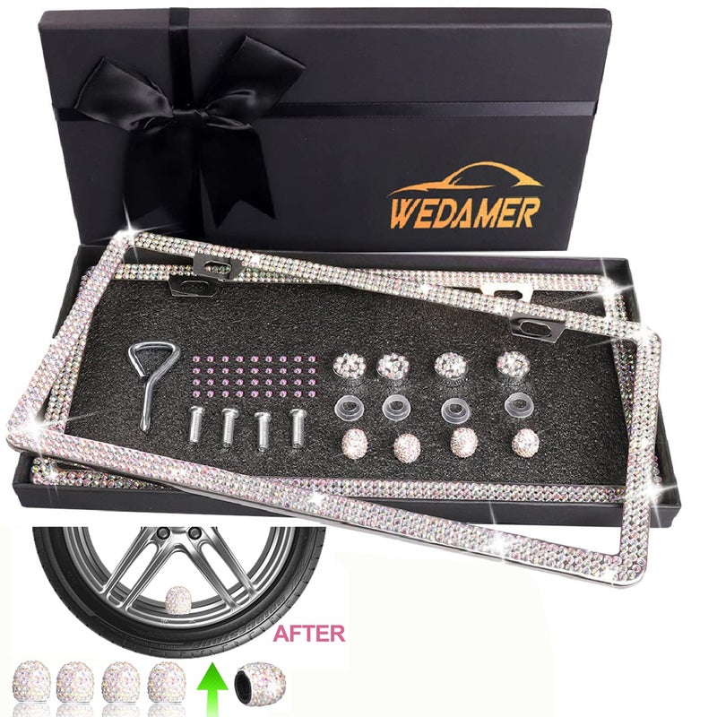 Wedamer 2 Pack Bling License Plate Frames For Women  Sparkly Rhinestone License Plate Frame Diamond License Plate Frame Glitter Bedazzled Girly License Plate Frames Holder Cover Bling Tire Valve Caps - Image 2