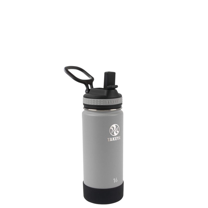 Takeya Actives Kids Water Bottle with Straw Lid  StainlessSteel Double Wall Insulation  BPAFree Bottle Lid with Carry Handle  Reusable Bottle with Straw Lid  16 oz PlatinumOnyx