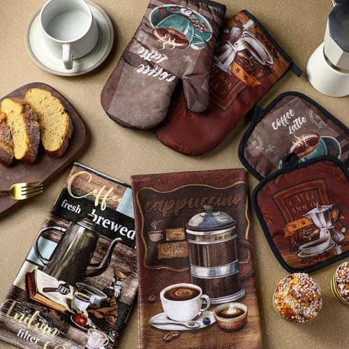 Jingmore 6 Pcs Kitchen Decor Set Accessorie Farmhouse Kitchen Towels Pot Holders Oven Mitts Set 2 Dish Towels 2 Pot Holders 2 Cooking Mittens Oven Glove for CookingDark BrownCoffee - Image 3
