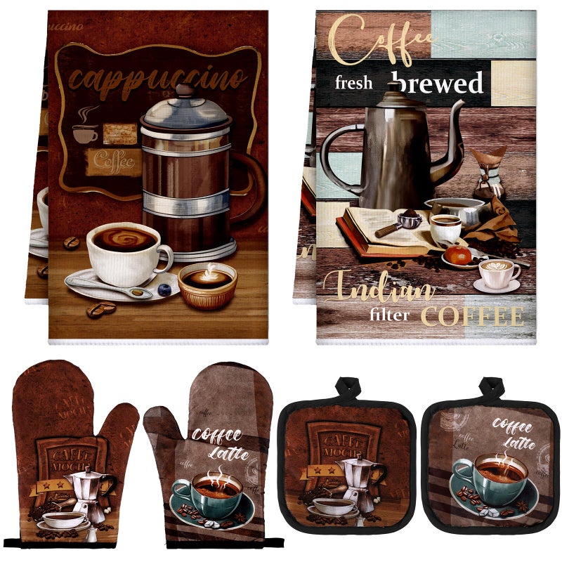 Jingmore 6 Pcs Kitchen Decor Set Accessorie Farmhouse Kitchen Towels Pot Holders Oven Mitts Set 2 Dish Towels 2 Pot Holders 2 Cooking Mittens Oven Glove for CookingDark BrownCoffee - Image 2