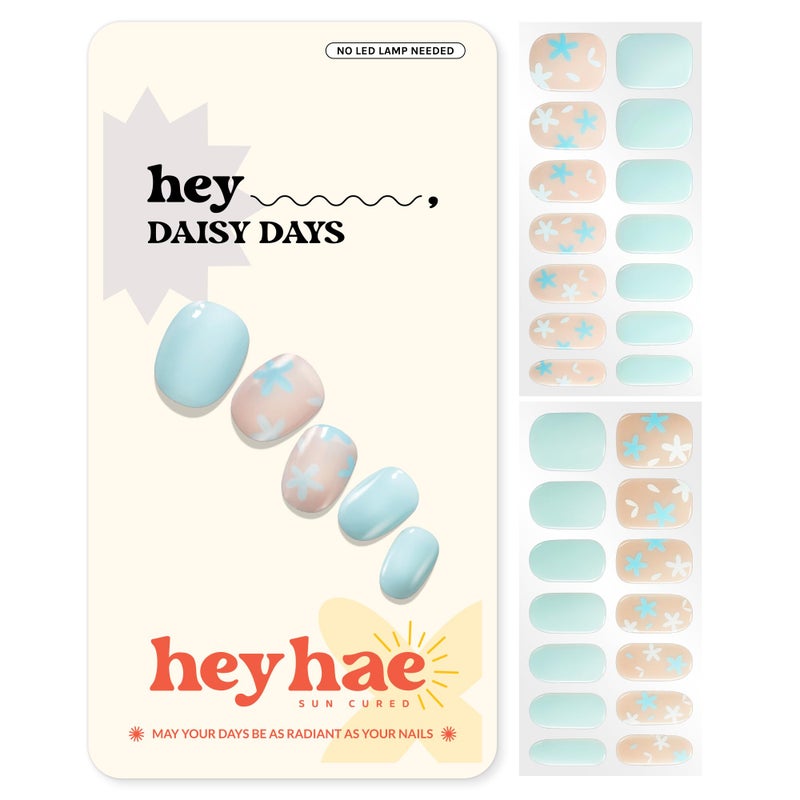 Heyhae Semi Cured Gel Nail Strips | No LED Lamp Needed | Spring, Marble, Pink | Easy Apply & Remove, Salon Quality | Includes 28 Strips, 1 Prep Pads, Nail File & Wooden Stick - Hey, Daisy Days - Image 1