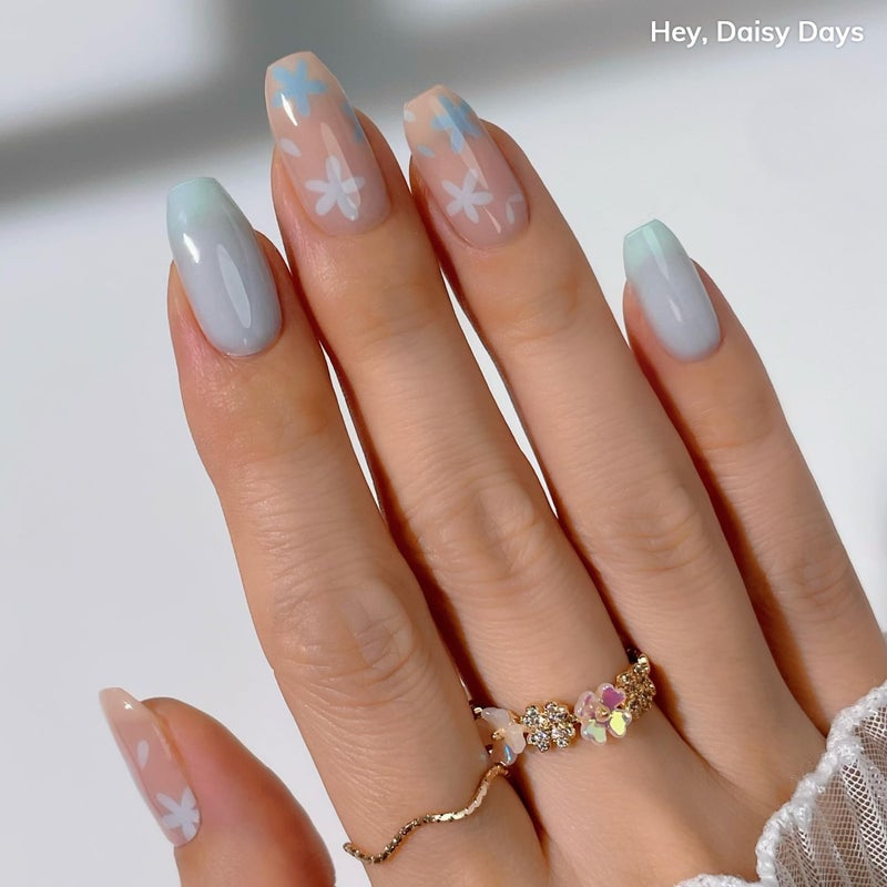 Heyhae Semi Cured Gel Nail Strips | No LED Lamp Needed | Spring, Marble, Pink | Easy Apply & Remove, Salon Quality | Includes 28 Strips, 1 Prep Pads, Nail File & Wooden Stick - Hey, Daisy Days - Image 2