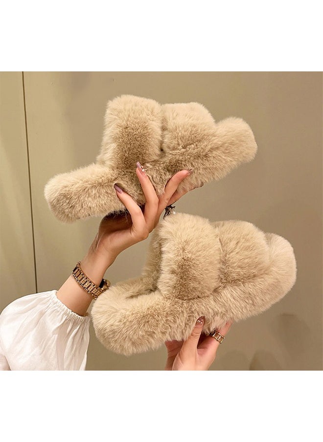 LEDIN Fluffy Sliders for Women Fur Women Slippers Comfortable Soft Open Toe Flat Fashion Sandals Women's Fur Indoor Fluffy Flip Flops Plush Shoes Autumn and Winter Season(Beach)  - Image 1