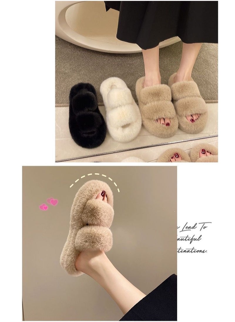 LEDIN Fluffy Sliders for Women Fur Women Slippers Comfortable Soft Open Toe Flat Fashion Sandals Women's Fur Indoor Fluffy Flip Flops Plush Shoes Autumn and Winter Season(Beach)  - Image 4