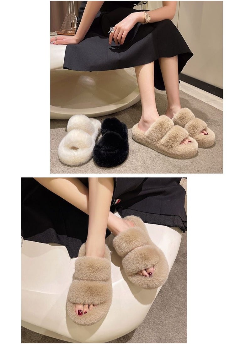 LEDIN Fluffy Sliders for Women Fur Women Slippers Comfortable Soft Open Toe Flat Fashion Sandals Women's Fur Indoor Fluffy Flip Flops Plush Shoes Autumn and Winter Season(Beach)  - Image 3