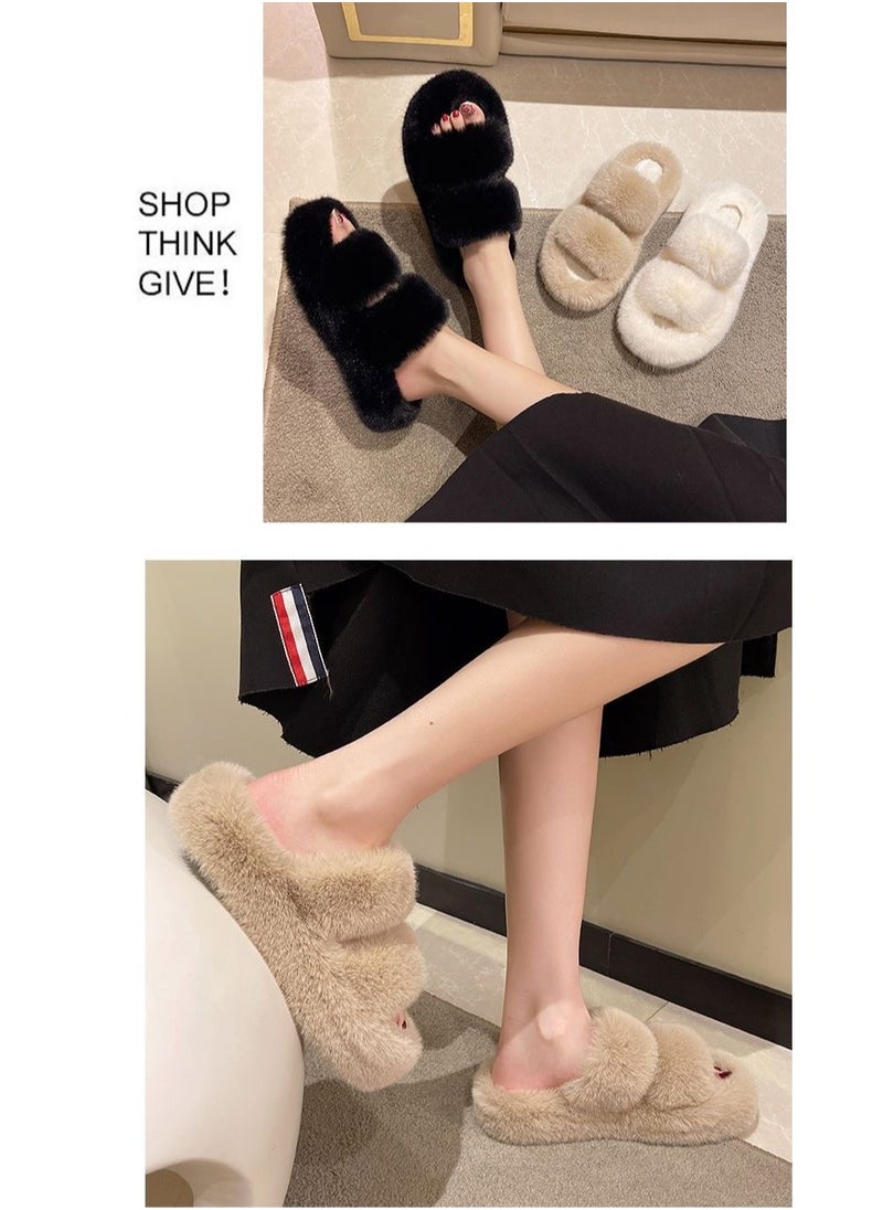 LEDIN Fluffy Sliders for Women Fur Women Slippers Comfortable Soft Open Toe Flat Fashion Sandals Women's Fur Indoor Fluffy Flip Flops Plush Shoes Autumn and Winter Season(Beach)  - Image 5