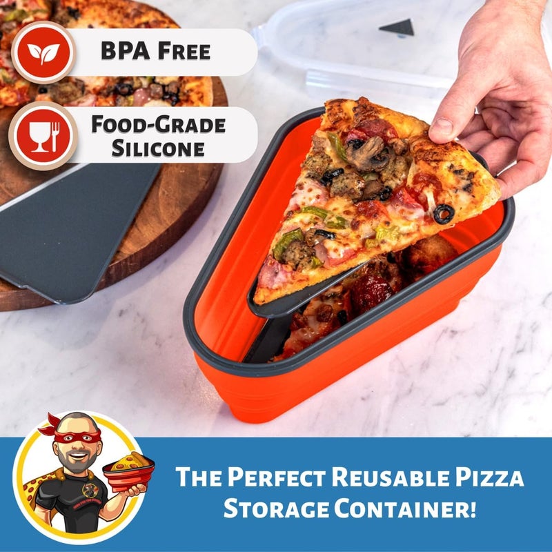 PIZZA PACK حزمة البيتزا حاوية تخزين البيتزا القابلة لإعادة الاستخدام مع 5 صواني قابلة للخدمة ميكروويف - حاوية شريحة بيتزا قابلة للتعديل خالية من BPA لتنظيم وتوفير الفضاء البرتقالي - Image 2