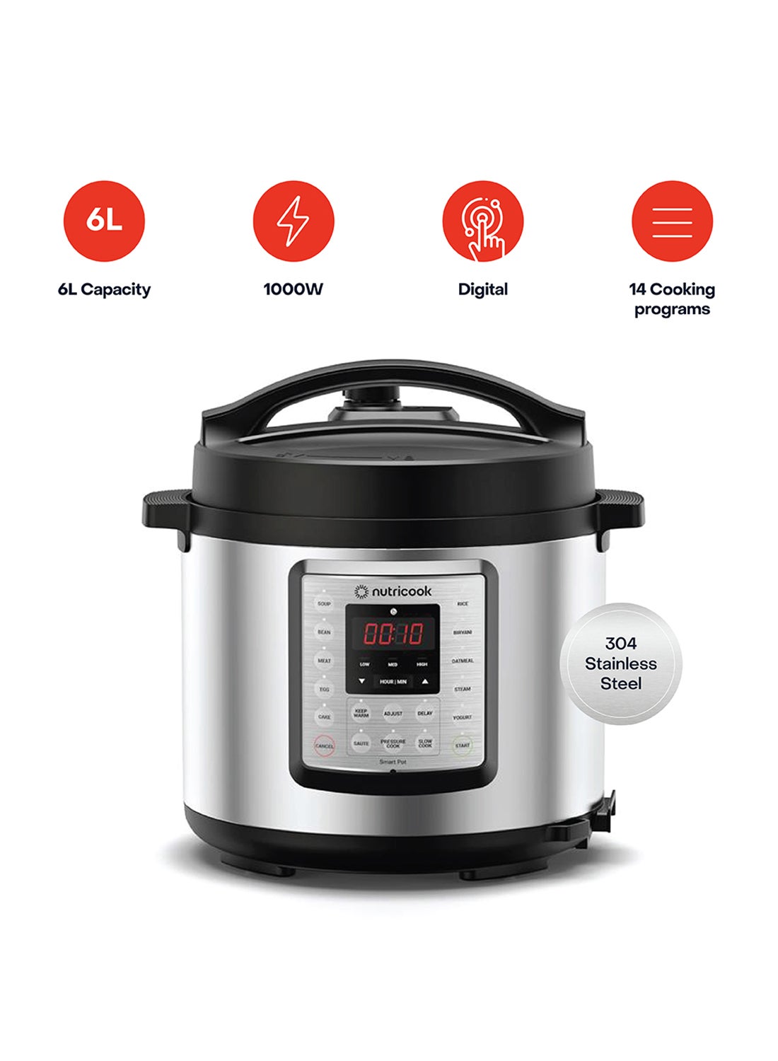 Electric Pressure Cooker, 6 Liters, Smart Pot Eko,9 In 1 Rice Cooker, Slow Cooker, Steamer, Sauté Pot, Yogurt Maker & More,14 Smart Programs 6 L 1000 W NC-SPEK6 Silver/Black