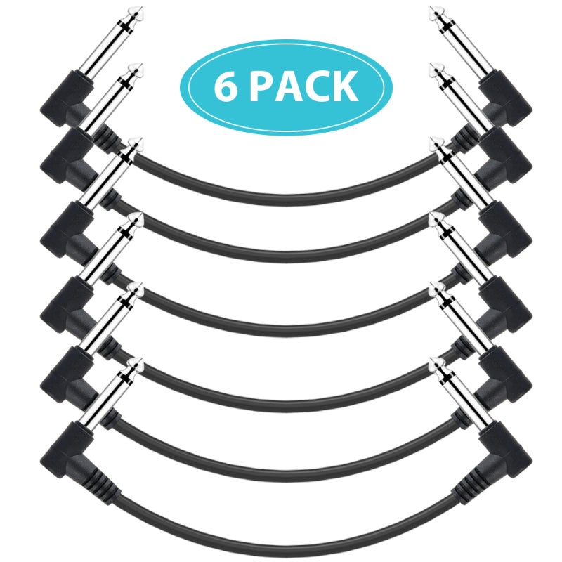 Guitar Patch Cable 6-Pack 15Cm Black: Low Capacitance OFC Core - 99% Helical Shielding 1/4 Inch Right-Angle Ts Plugs for Guitar Pedal Boards - Image 1