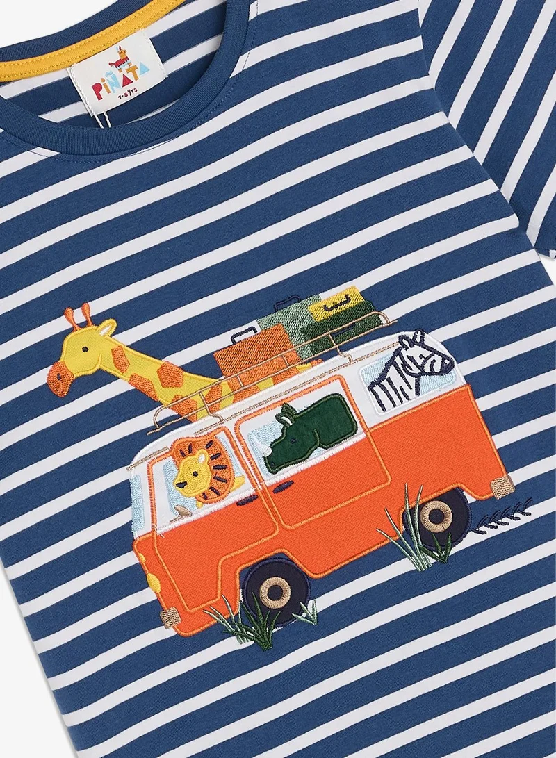 Pinata  Giraffe Car Embroidered Stripe Cotton Tshirt for Men | Best Price UAE