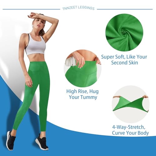 TNNZEET Green Leggings for Women - High Waisted No See Through Tummy Control Cycling Workout Yoga Pants with Pockets Reg & Plus - Image 3