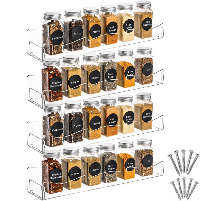 Peohud 4 Pack Acrylic Spice Rack Wall Mount 15 Inch Clear Acrylic Floating Shelves Hanging Perfume Organizer Display Rack for Nail Polish Sunglasses Seasoning Condiment Kitchen Cabinets Pantry