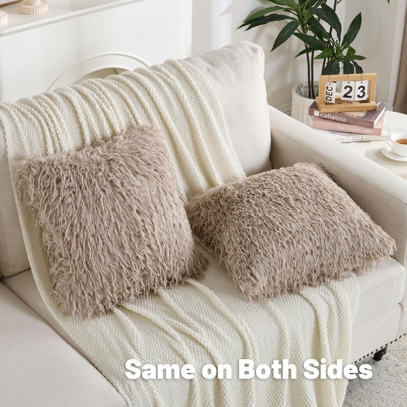 FUTEI Khaki Decorative Throw Pillow Covers 18x18 Inch Set of 2,Soft Fluffy Faux Feather Texture Cushion Cases,Modern Home Luxury Decor for Couch Bed Living Room - Image 4