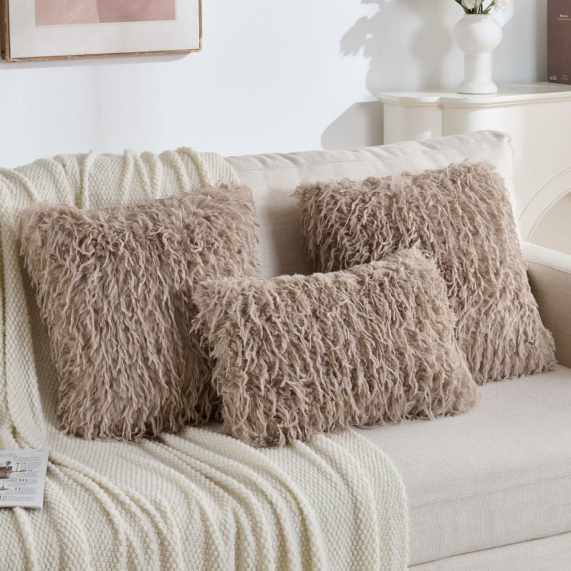 FUTEI Khaki Decorative Throw Pillow Covers 18x18 Inch Set of 2,Soft Fluffy Faux Feather Texture Cushion Cases,Modern Home Luxury Decor for Couch Bed Living Room - Image 5