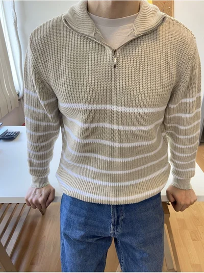 Cool Tarz Cool Style Mink-White Men's Regular Zippered Fisherman Knitwear Sweater