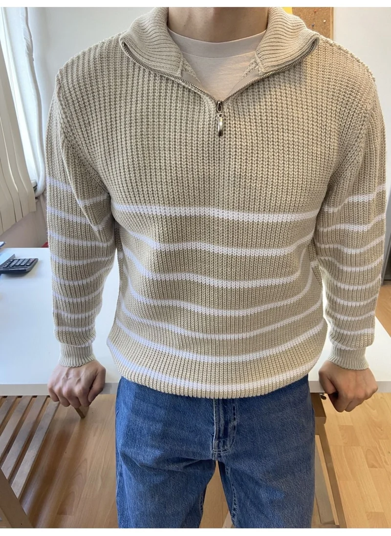 Cool Tarz Cool Style Mink-White Men's Regular Zippered Fisherman Knitwear Sweater