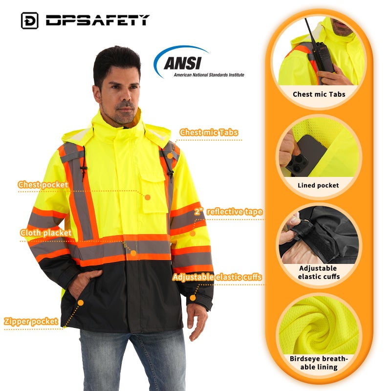 Dpsafety Reflective Rain Jackets For Men Waterproof,Hi Vis Safety Coat With Reflective Strips,High Visibility Class 3 Rain Jackets With 2 Large Pockets,Zipper,Lime,Sm/Md - Image 2