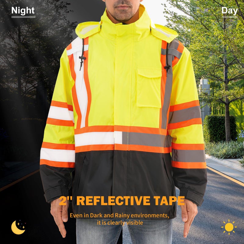 Dpsafety Reflective Rain Jackets For Men Waterproof,Hi Vis Safety Coat With Reflective Strips,High Visibility Class 3 Rain Jackets With 2 Large Pockets,Zipper,Lime,Sm/Md - Image 5