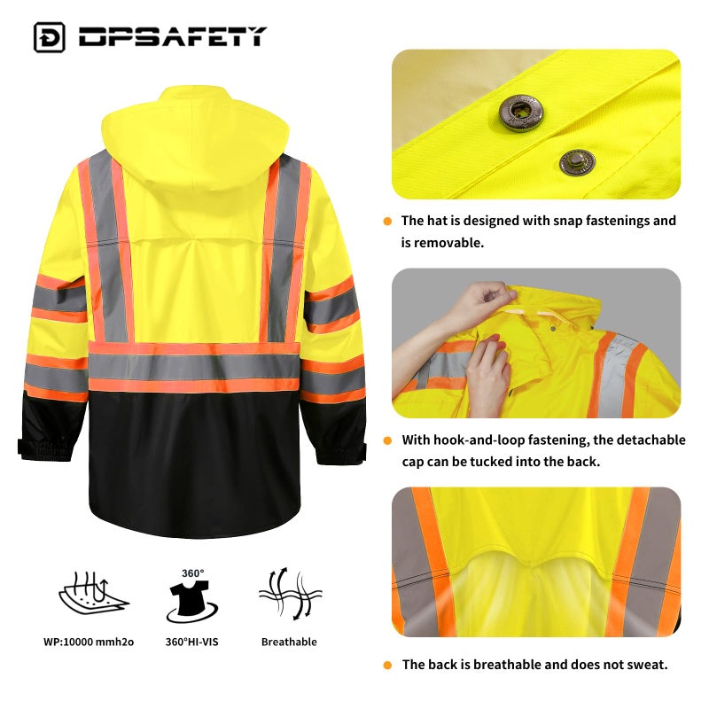 Dpsafety Reflective Rain Jackets For Men Waterproof,Hi Vis Safety Coat With Reflective Strips,High Visibility Class 3 Rain Jackets With 2 Large Pockets,Zipper,Lime,Sm/Md - Image 3