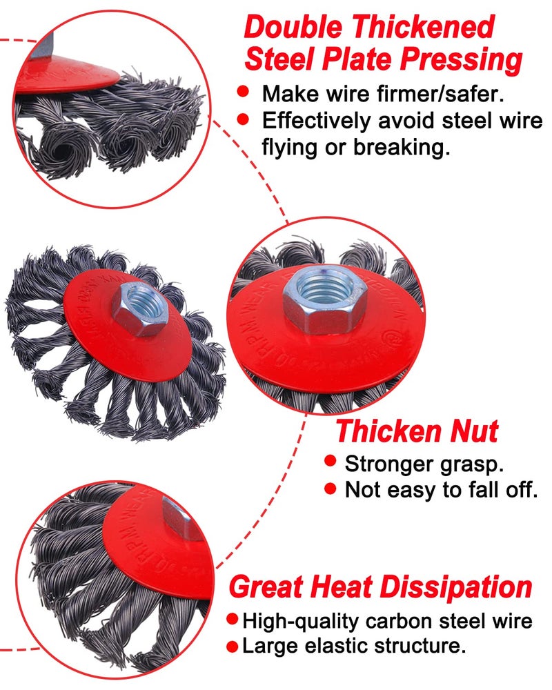 Rocaris 6 Pack Wire Wheel Cup Brush for Angle Grinder, 3 & 4 Inch Twisted Knotted & Coarse Crimped Cup Brush for Cleaning Rust, 5/8 -11 Inch Threaded Arbor - Image 3