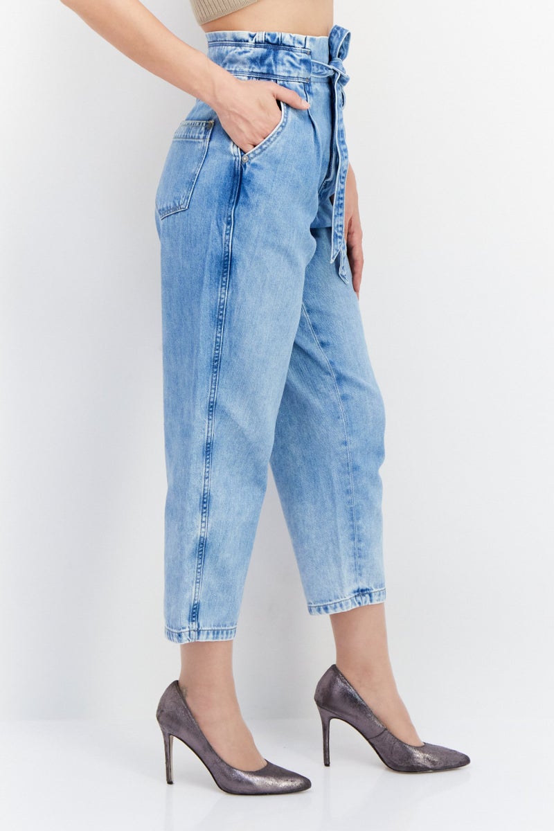 Pepe Jeans Women Regular Fit Belted Washed Denim Jeans, Blue - Image 3